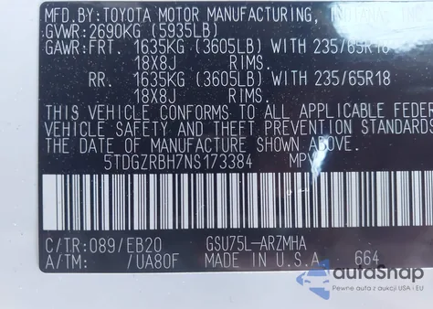 2022 Toyota Highlander Xle из США, поврежденный, VIN 5TDGZRBH7NS173384